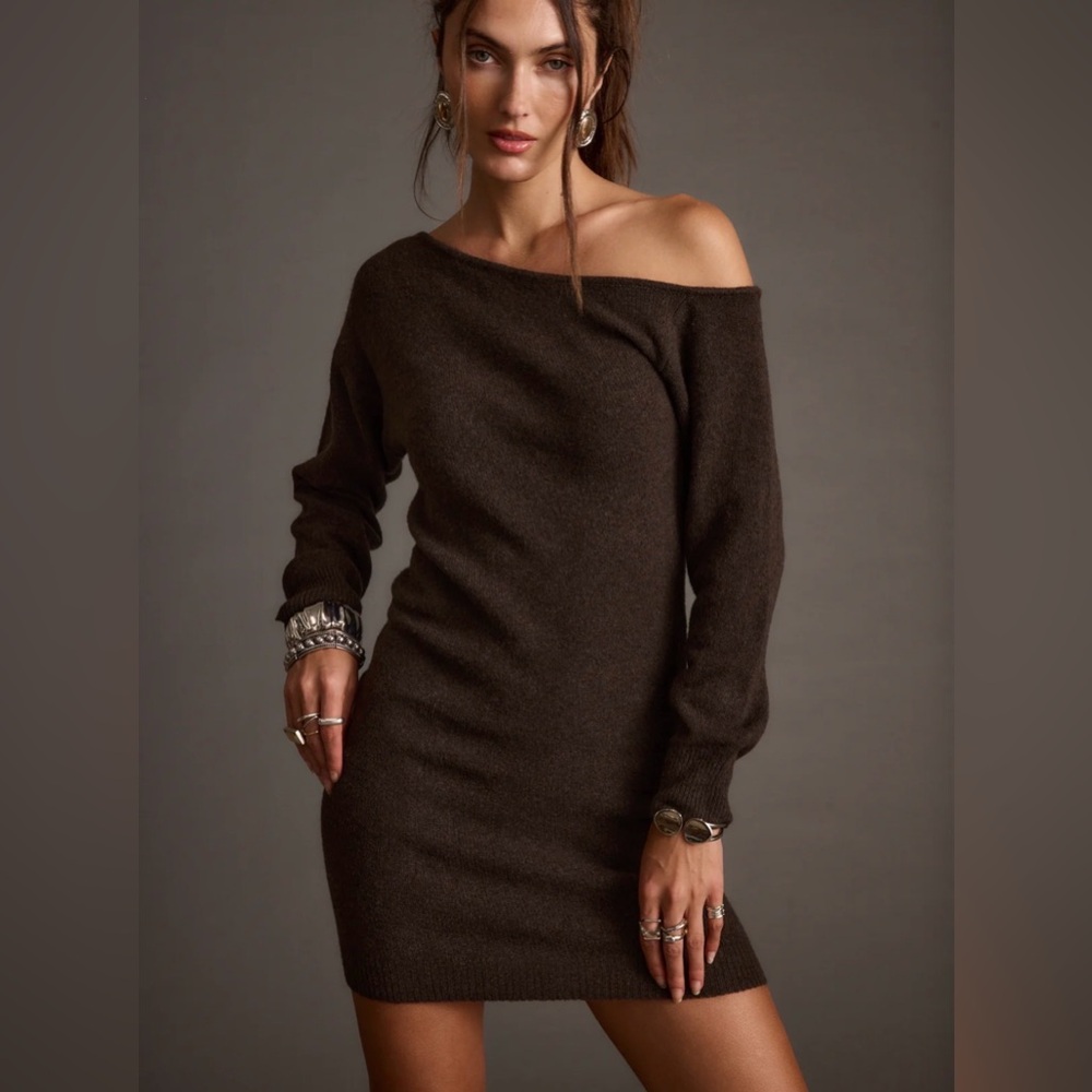 12th Tribe Off-Shoulder Long Sleeve Sweater Dress in Chocolate Brown